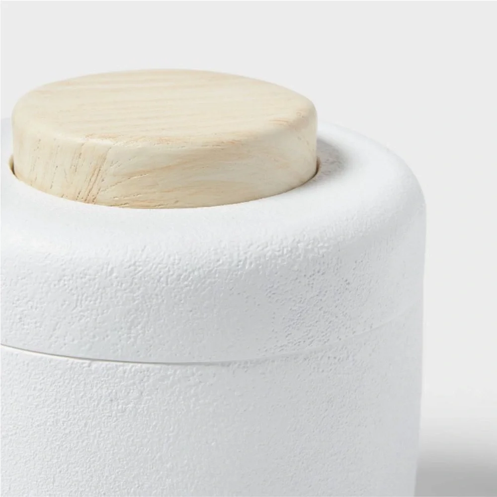 THRESHOLD NWT modern resin bath canister wood top -white